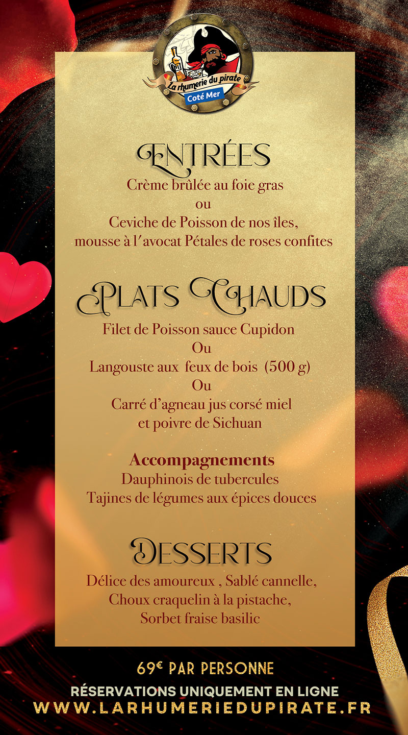 Menu de Saint Valentin 2024 Événements La Rhumerie du Pirate